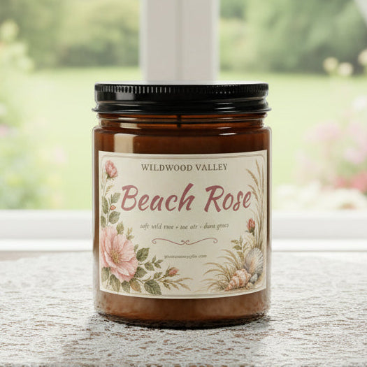 Candle jar labeled 'Beach Rose' by Wildwood Valley 
