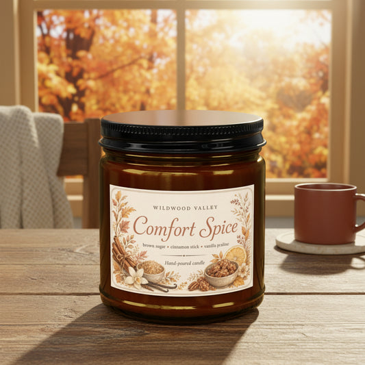 Candle jar labeled 'Comfort Spice' by Wildwood Valley