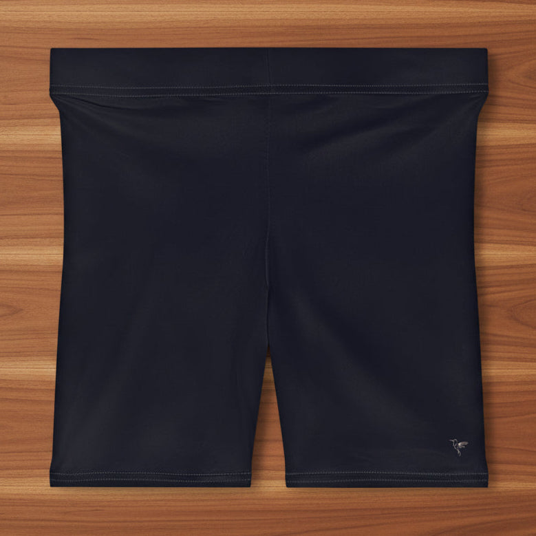 Black athletic shorts with hummingbird logo