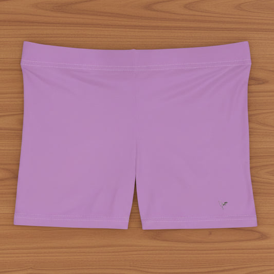 Purple athletic shorts with a hummingbird logo