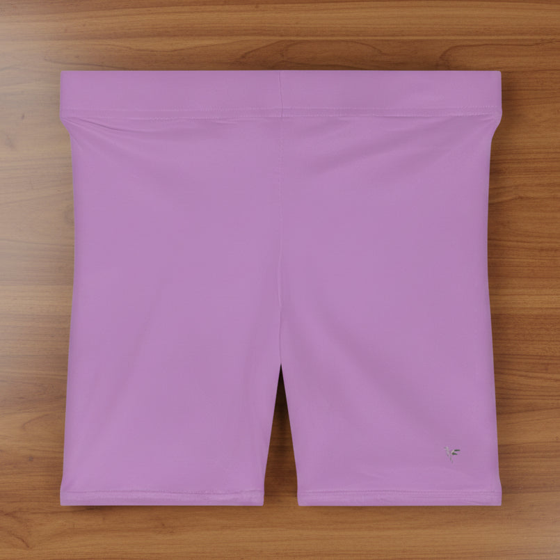 Purple athletic shorts with a hummingbird logo