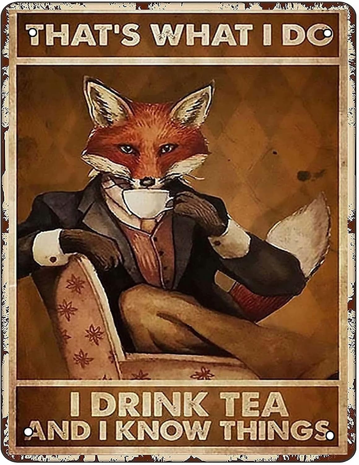 Retro Metal Tin Sign Vintage Fox Drink Tea Aluminum Sign for Home Coffee Wall Decor 12X16 Inch
