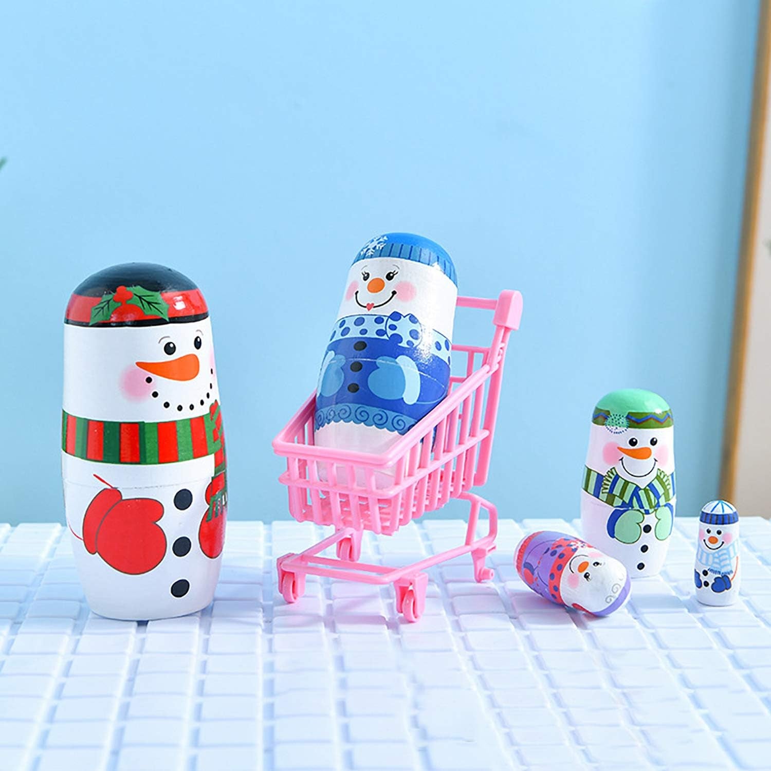 5Pcs Nesting Dolls Snowman Santa Claus Russian Matryoshka Dolls Handmade Wooden Christmas Birthday Gift for Kids (05 Snowman)