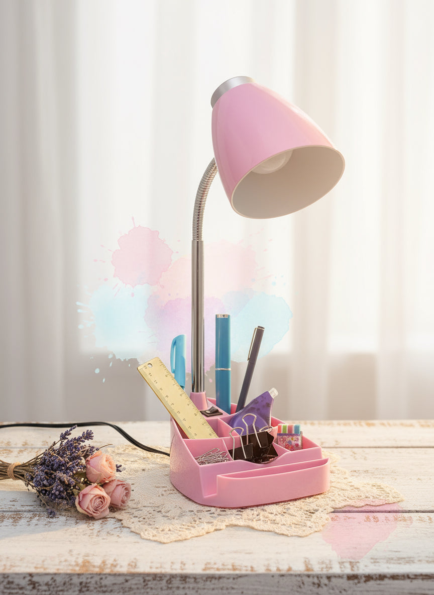 LD1002-PNK Gooseneck Organizer Desk Lamp with Ipad Tablet Stand Book Holder, Pink