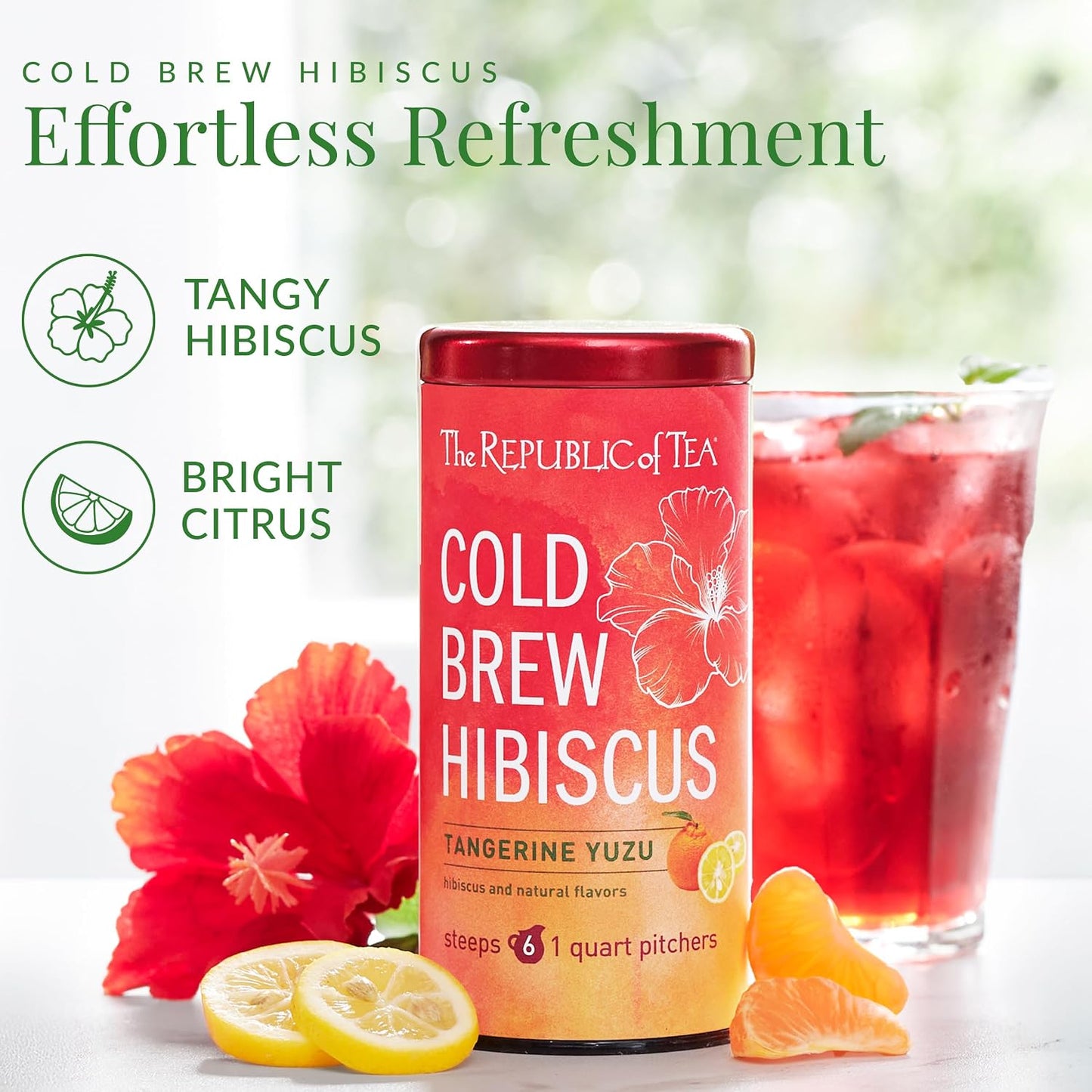 The Republic of Tea Cold Brew Hibiscus Tangerine Yuzu Herbal Iced Tea, 6 Ct | Caffeine Free, Cold Brew Hibiscus with Tangerine and Yuzu Citrus, No Boiling Water Needed
