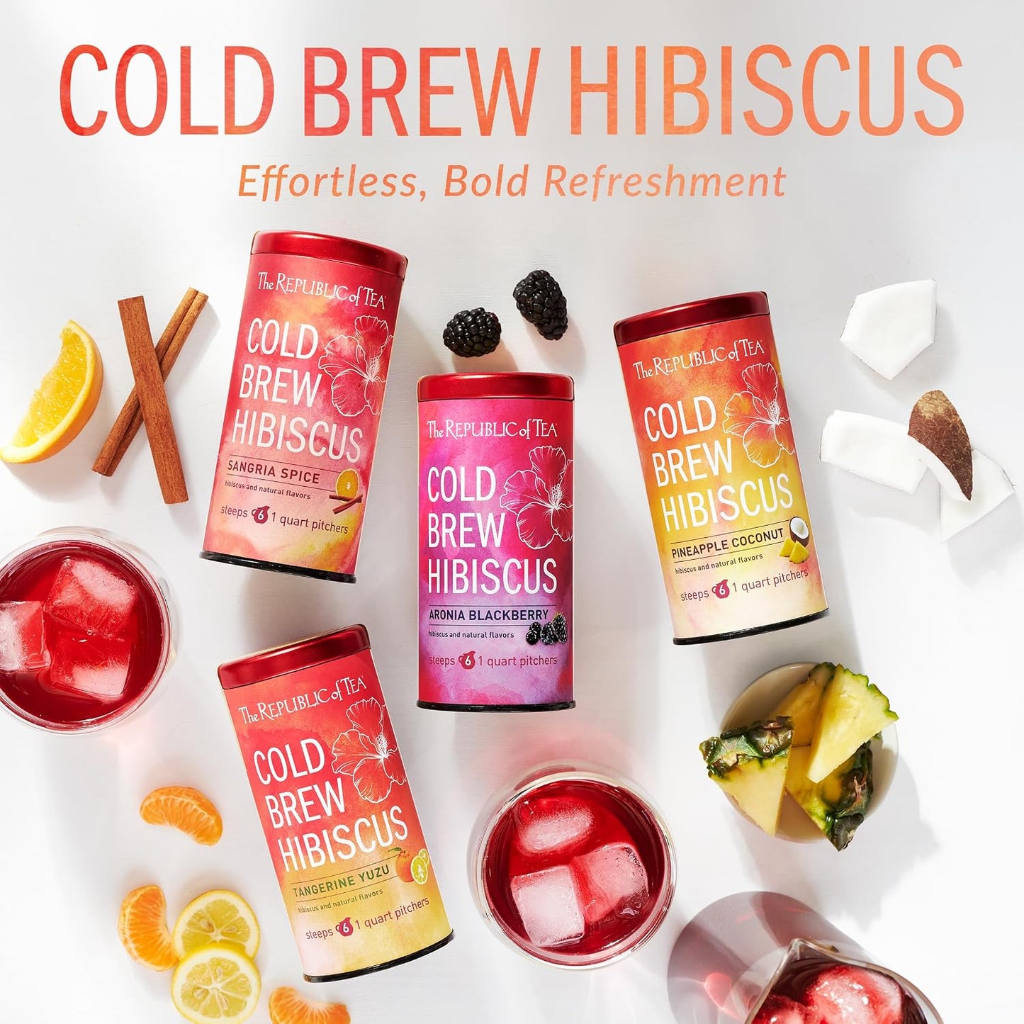 The Republic of Tea Cold Brew Hibiscus Tangerine Yuzu Herbal Iced Tea, 6 Ct | Caffeine Free, Cold Brew Hibiscus with Tangerine and Yuzu Citrus, No Boiling Water Needed