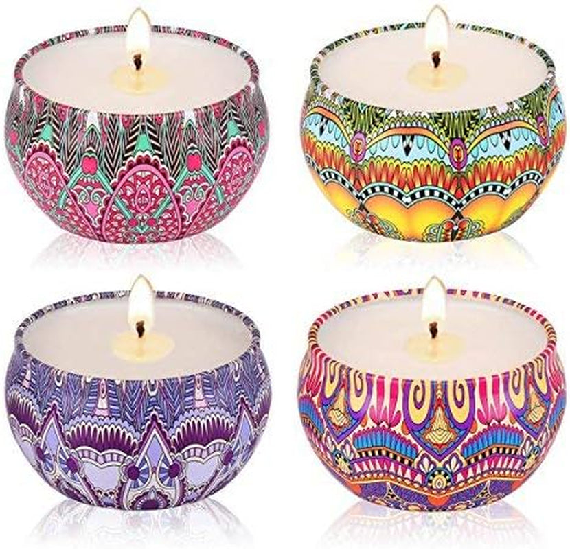 Scented Candles Gift Set Lavender Rose Gardenia and Lilac, Natural Soy Wax with Floral Essential Oil Travel Tin Candles Use for Aromatherapy Stress Relax, Home Decor, Yoga Meditation Reiki, Pack 4