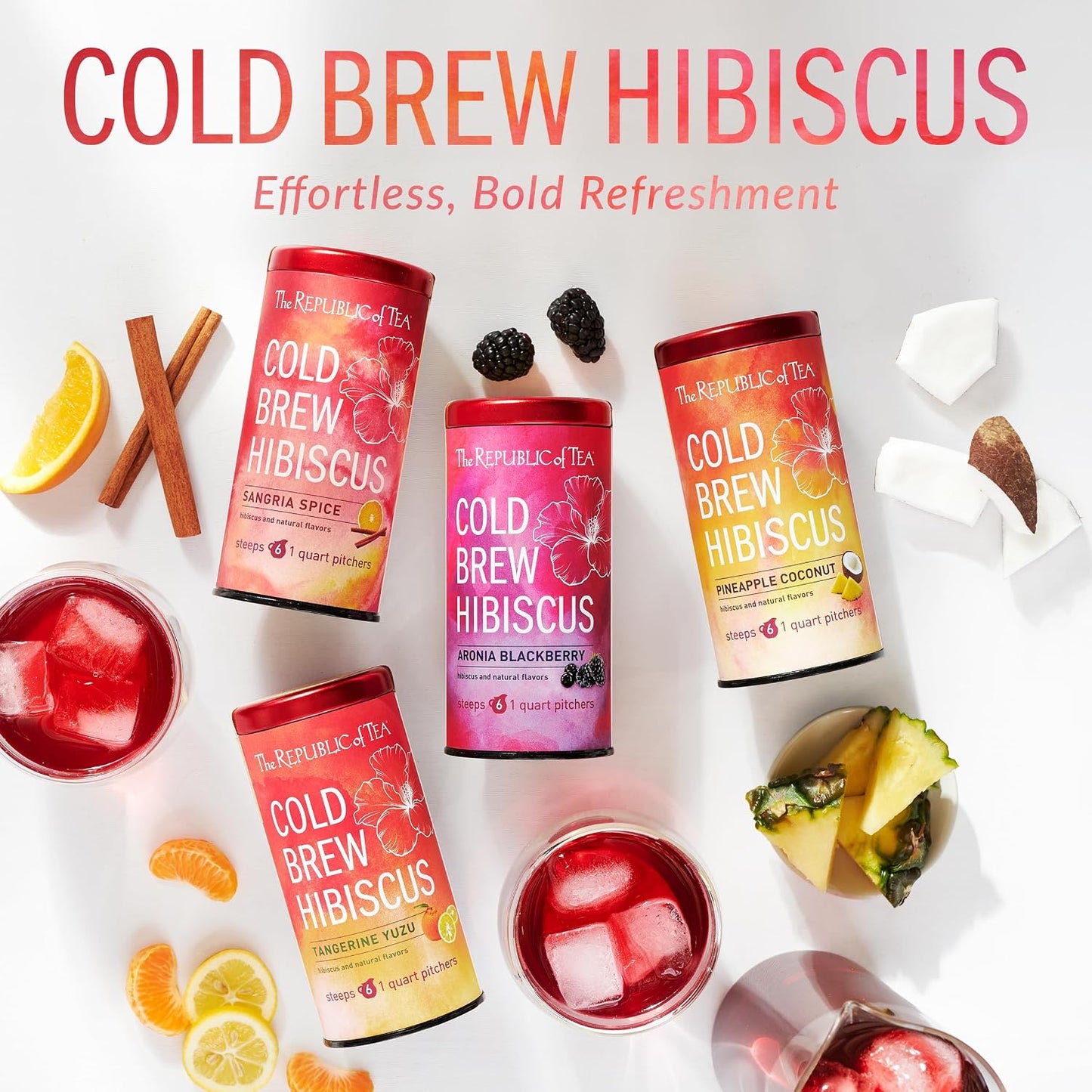 The Republic of Tea Cold Brew Hibiscus Sangria Spice Herbal Iced Tea, 6 Ct | Caffeine Free, Cold Brew Hibiscus with Citrus, Cinnamon and Ginger Spice, No Boiling Water Needed