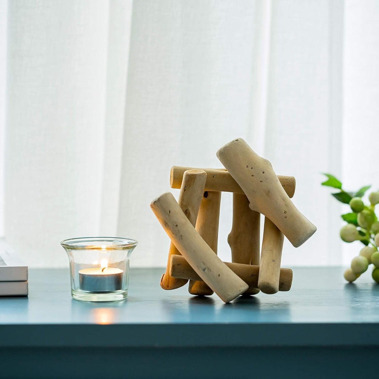 Handmade Wooden Tea Light Candle Holder with Glass Cup Rustic Country Coastal Style for Farmhouse Home Decoration Home Altar Decoration Holiday Wedding Decoration