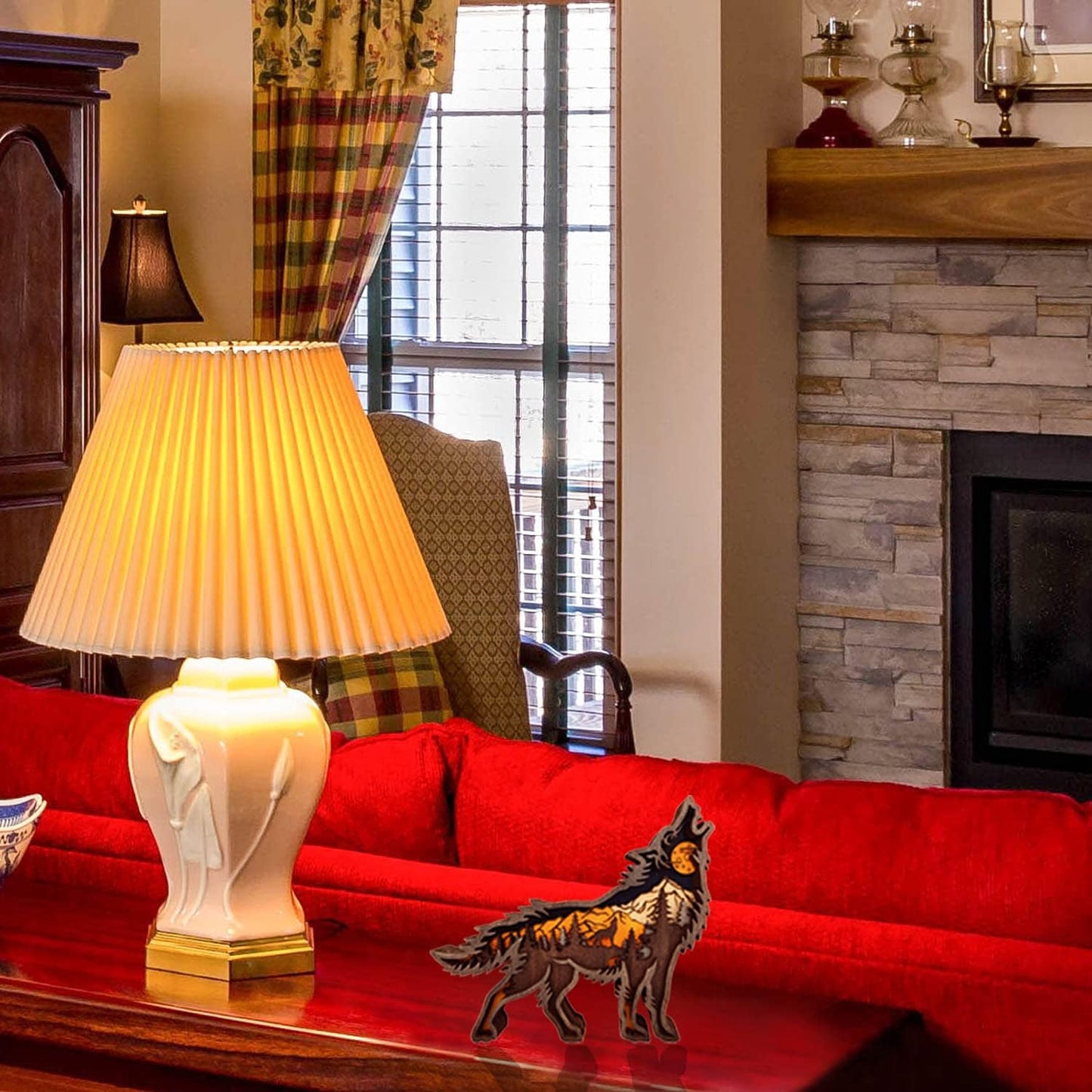 Wooden Wolf Forest Shelf Decor – Layered 3D Hand-Carved Ornament