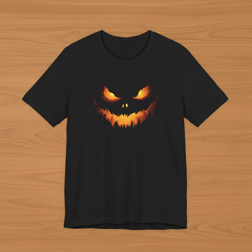 Short sleeve black t-shirt with glowing Jack o lantern face