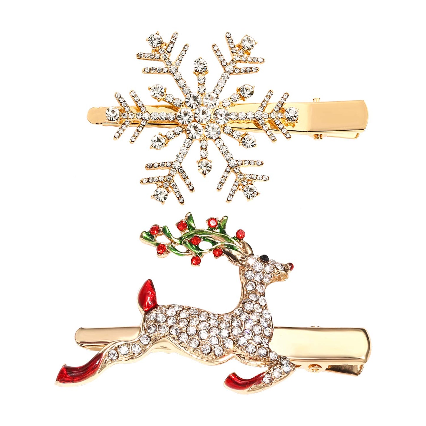 Christmas Hair Clips Hairpin Sparkling Rhinestone Christmas Tree Bells Snowflake Reindeer Hair Barrette Xmas Holiday Party Alligator Hair Clips Hair Accessories for Woman (Snowflake Reindeer)