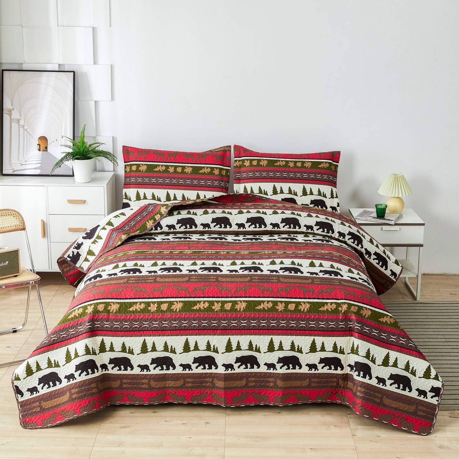 Lodge Quilt Set Full/Queen Size Rustic Cabin Bedding Moose Bear Printed Bedspread Coverlet Soft Lightweight Reversible All Season Bed Sheet Blanket, 1 Quilt 2 Pillow Shams