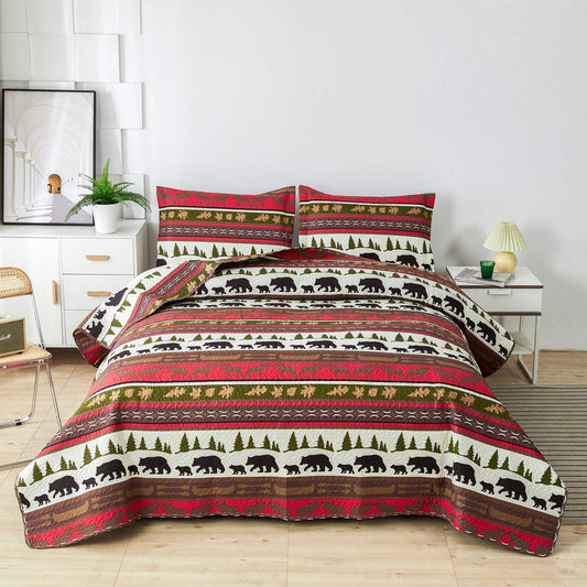 Lodge Quilt Set Full/Queen Size Rustic Cabin Bedding Moose Bear Printed Bedspread Coverlet Soft Lightweight Reversible All Season Bed Sheet Blanket, 1 Quilt 2 Pillow Shams