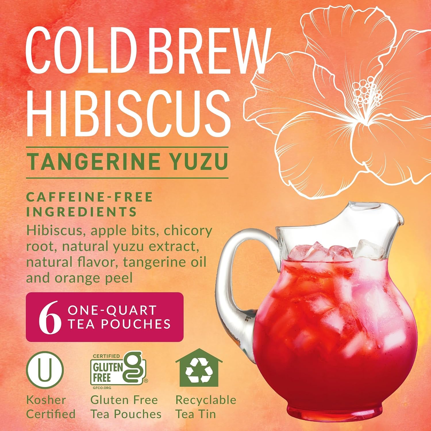 The Republic of Tea Cold Brew Hibiscus Tangerine Yuzu Herbal Iced Tea, 6 Ct | Caffeine Free, Cold Brew Hibiscus with Tangerine and Yuzu Citrus, No Boiling Water Needed