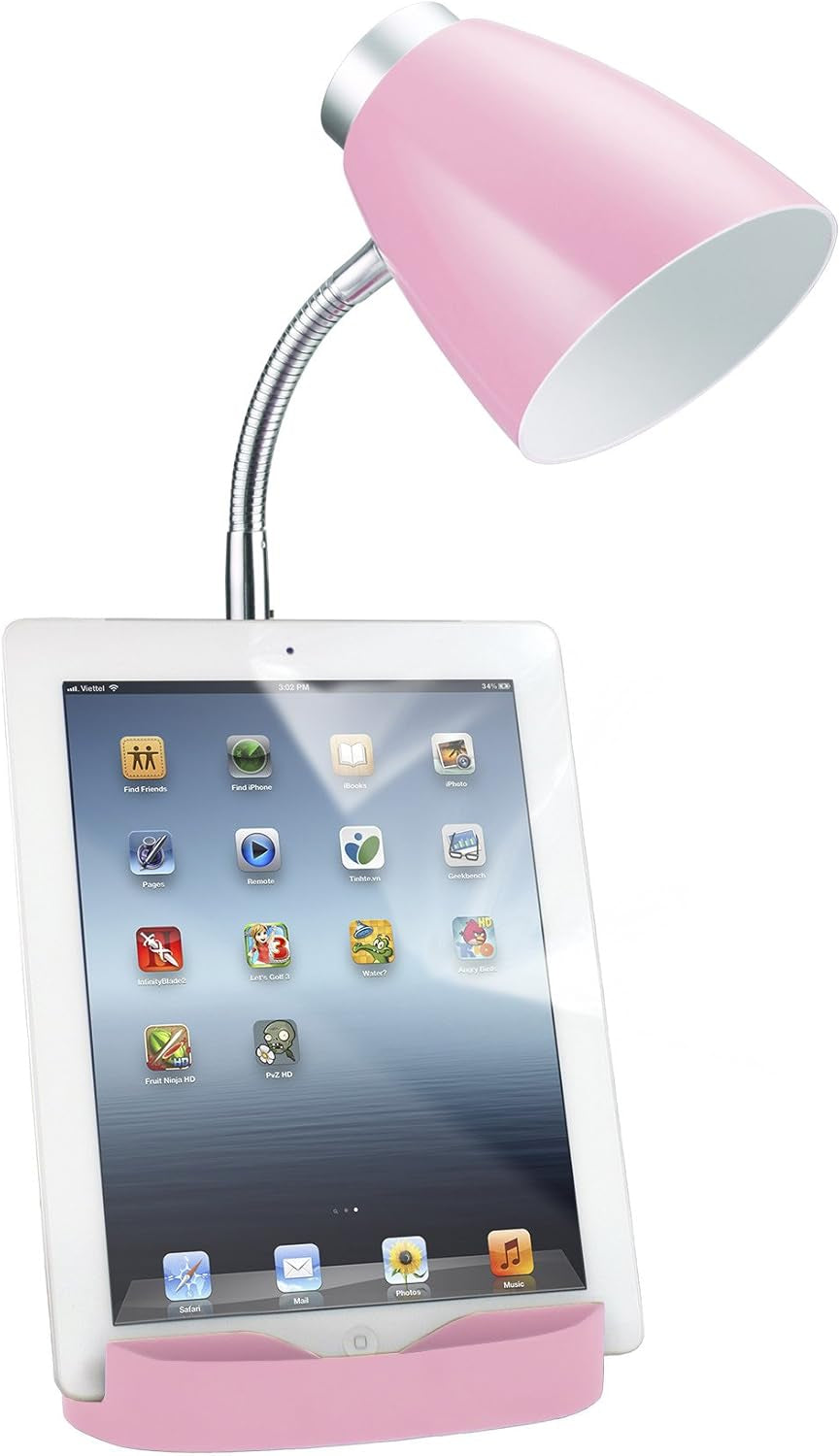LD1002-PNK Gooseneck Organizer Desk Lamp with Ipad Tablet Stand Book Holder, Pink