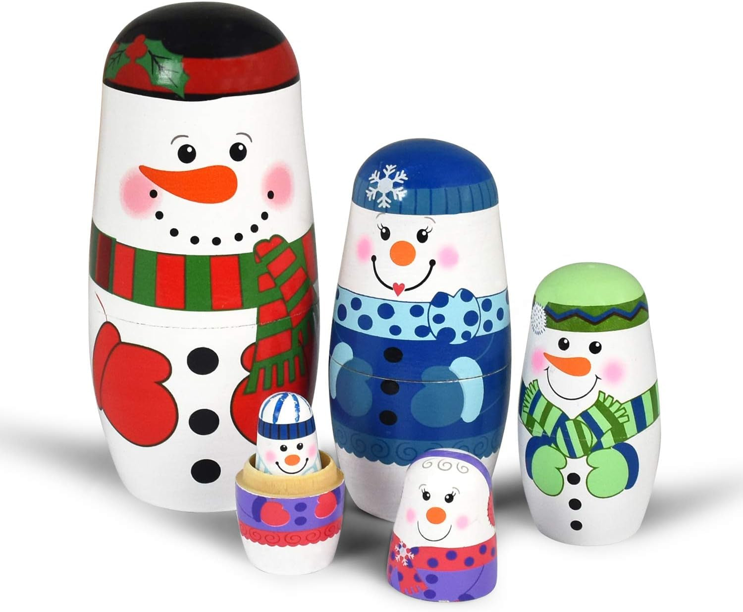 5Pcs Nesting Dolls Snowman Santa Claus Russian Matryoshka Dolls Handmade Wooden Christmas Birthday Gift for Kids (05 Snowman)
