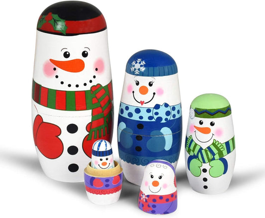 5Pcs Nesting Dolls Snowman Santa Claus Russian Matryoshka Dolls Handmade Wooden Christmas Birthday Gift for Kids (05 Snowman)