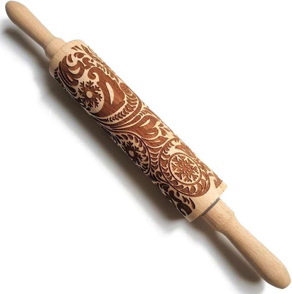 Embossed Rolling Pins Christmas Rolling Pin,3D Paisley Pattern Flower Snowflake Rattan Wooden Roll Pin Laser Engraved Rolling Pin DIY Tool for Kids and Adults to Make Cookie Dough (35 * 5)