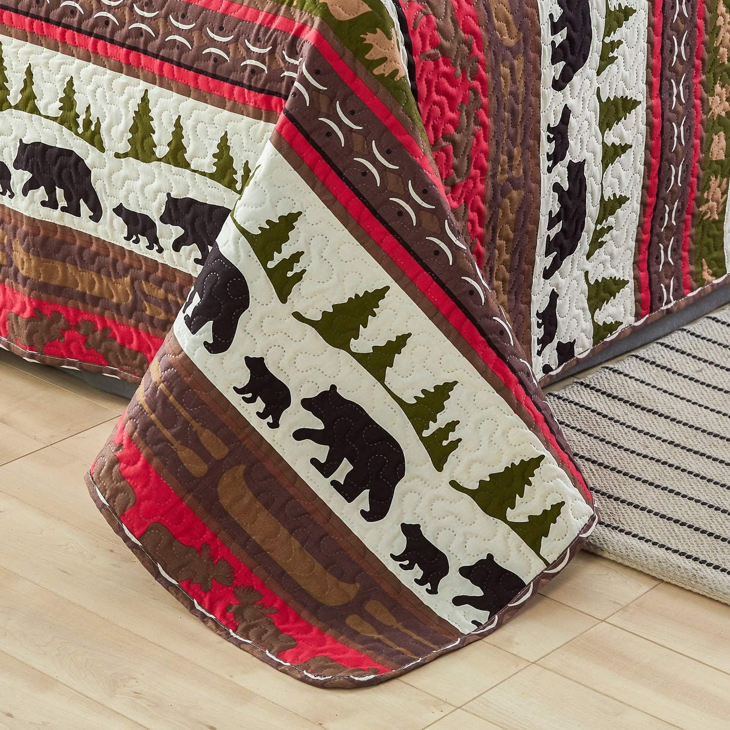 Lodge Quilt Set Full/Queen Size Rustic Cabin Bedding Moose Bear Printed Bedspread Coverlet Soft Lightweight Reversible All Season Bed Sheet Blanket, 1 Quilt 2 Pillow Shams