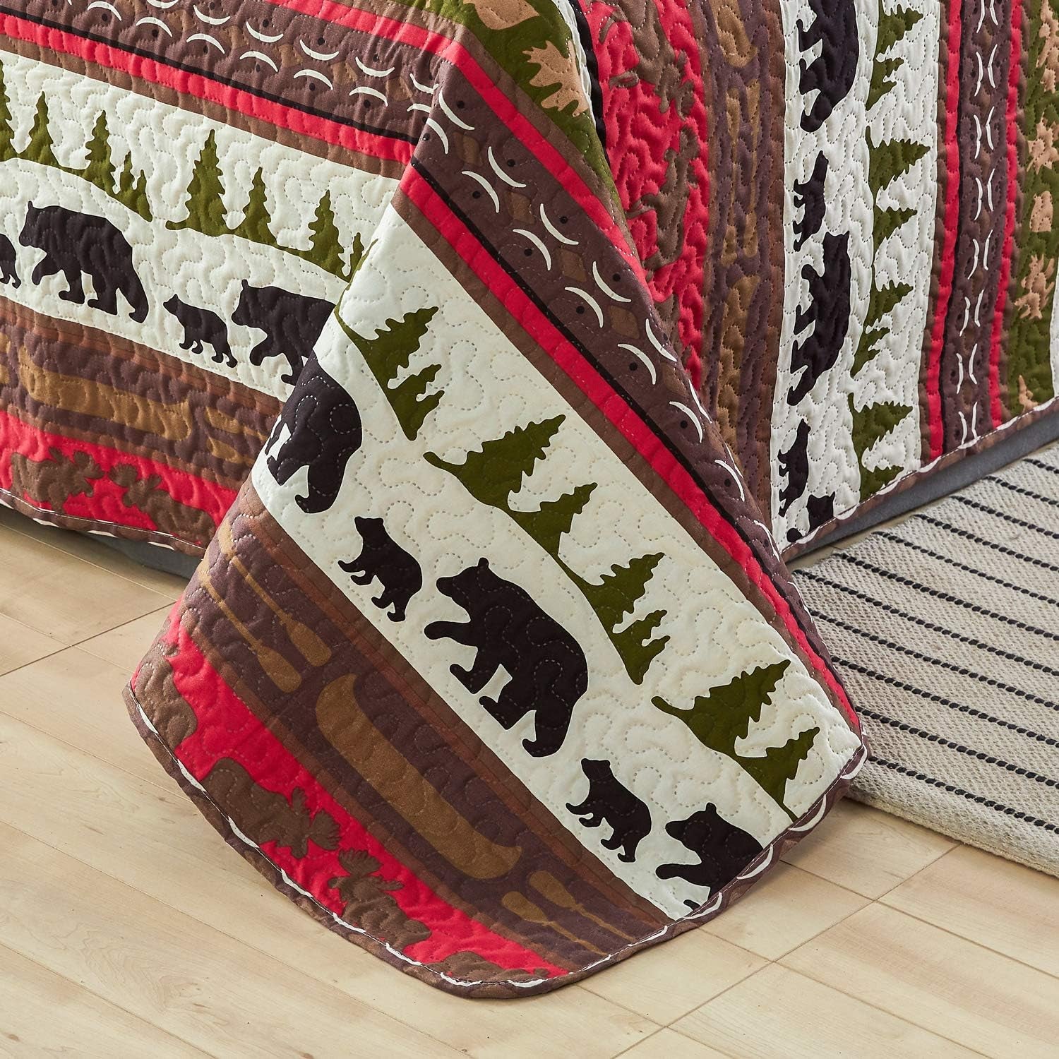 Lodge Quilt Set Full/Queen Size Rustic Cabin Bedding Moose Bear Printed Bedspread Coverlet Soft Lightweight Reversible All Season Bed Sheet Blanket, 1 Quilt 2 Pillow Shams
