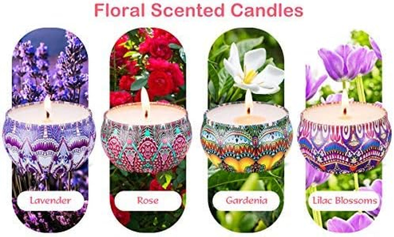 Scented Candles Gift Set Lavender Rose Gardenia and Lilac, Natural Soy Wax with Floral Essential Oil Travel Tin Candles Use for Aromatherapy Stress Relax, Home Decor, Yoga Meditation Reiki, Pack 4