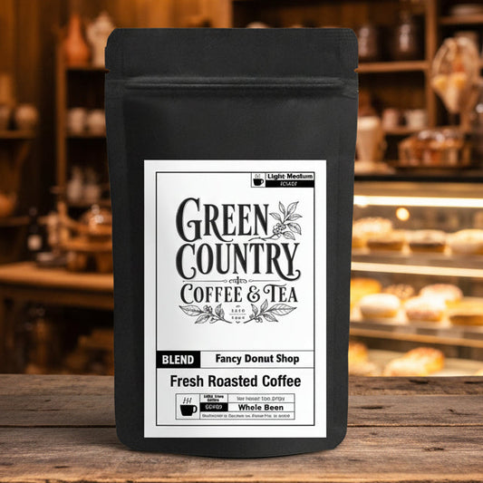 Green Country Gifts Fancy Donut Shop Coffee light-medium roast blend with cocoa, caramel and toffee notes