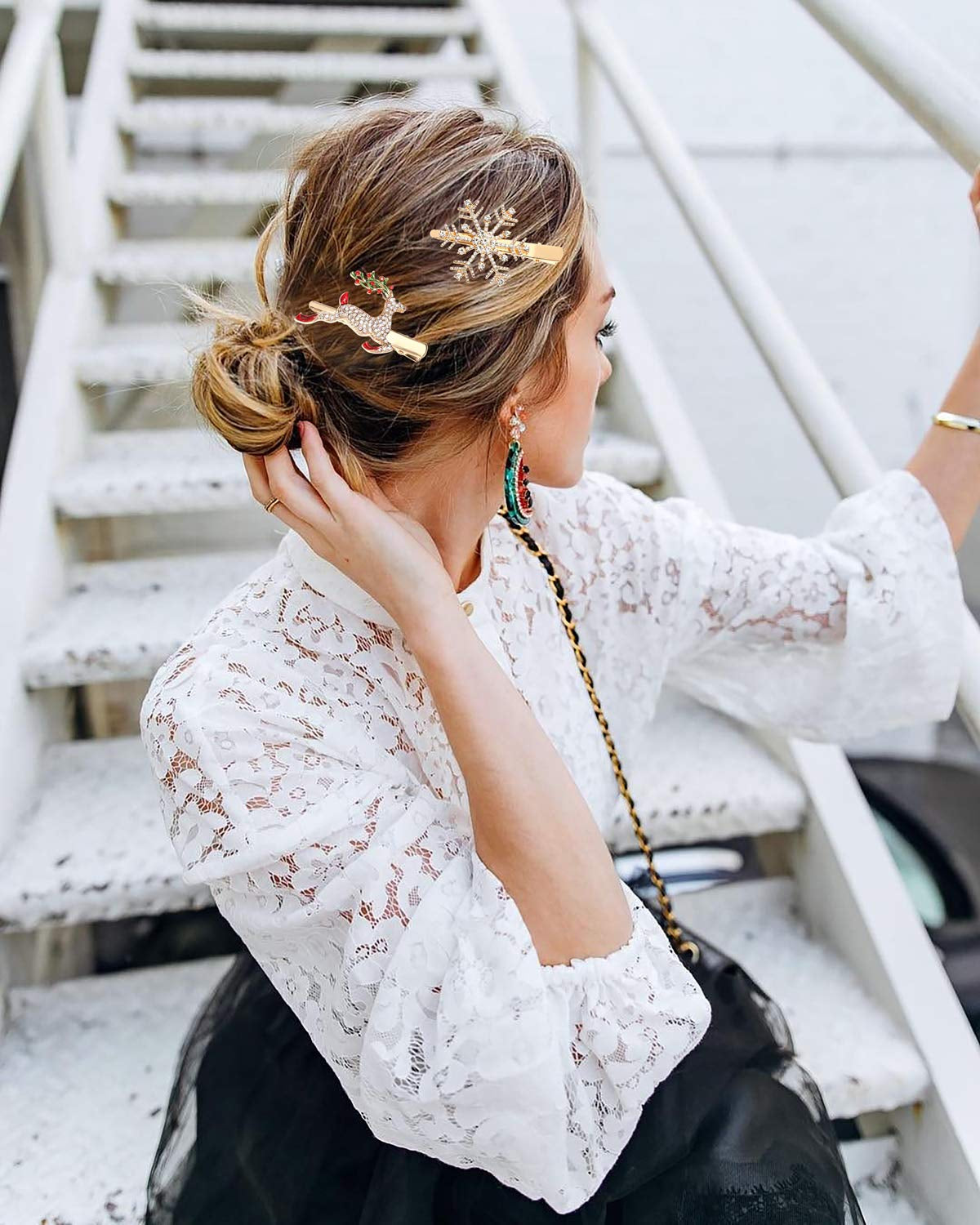 Christmas Hair Clips Hairpin Sparkling Rhinestone Christmas Tree Bells Snowflake Reindeer Hair Barrette Xmas Holiday Party Alligator Hair Clips Hair Accessories for Woman (Snowflake Reindeer)