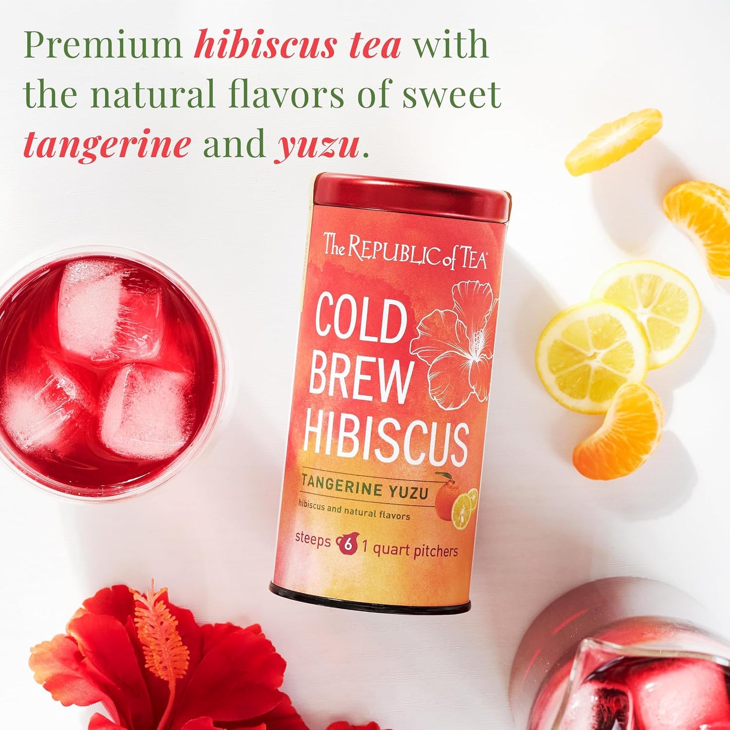 The Republic of Tea Cold Brew Hibiscus Tangerine Yuzu Herbal Iced Tea, 6 Ct | Caffeine Free, Cold Brew Hibiscus with Tangerine and Yuzu Citrus, No Boiling Water Needed