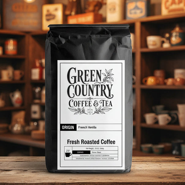 French Vanilla flavored medium roast coffee from Green Country Coffee & Tea