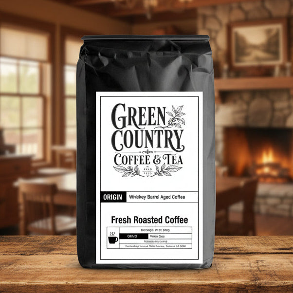 Whiskey Barrel Aged single-origin Guatemalan coffee from Green Country Coffee & Tea
