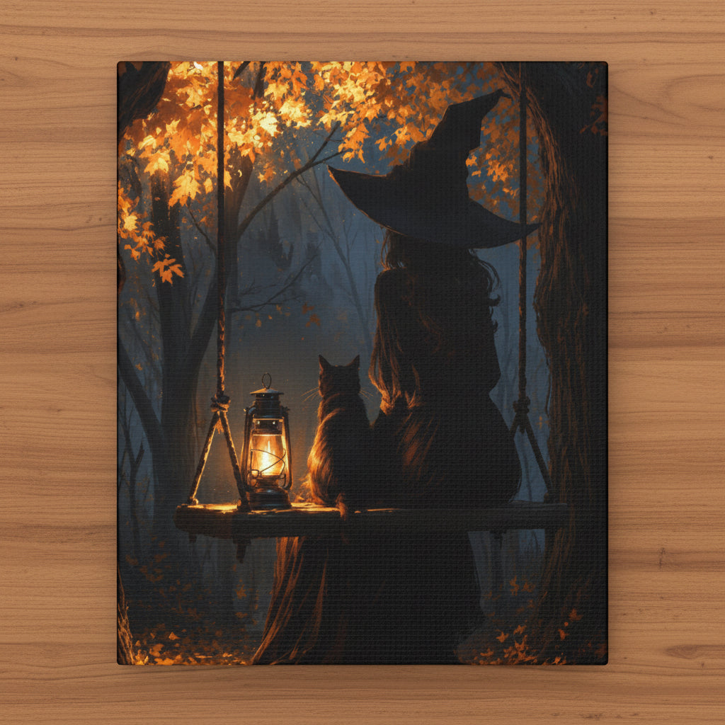 A vertical canvas print featuring a dark fantasy illustration of a witch in a black hat sitting on a wooden swing in a misty forest, with a glowing lantern and a cat beside her. The artwork is displayed on a wood background.